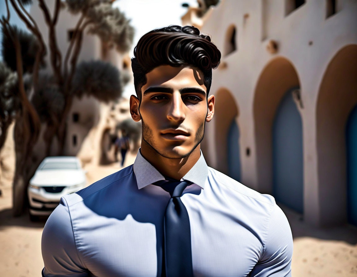 Stylized digital art: man with dark hair, blue shirt, tie, blurry buildings, white