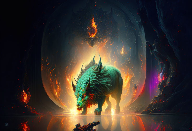 Glowing green beast with horns in dark, fiery fantasy scene