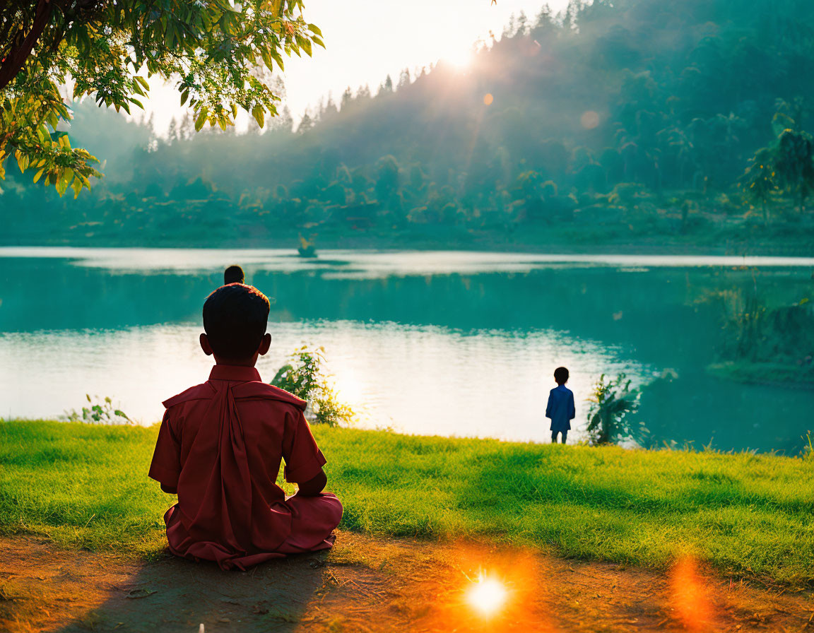 Person in red meditates by serene lake at sunset with child in tranquil landscape