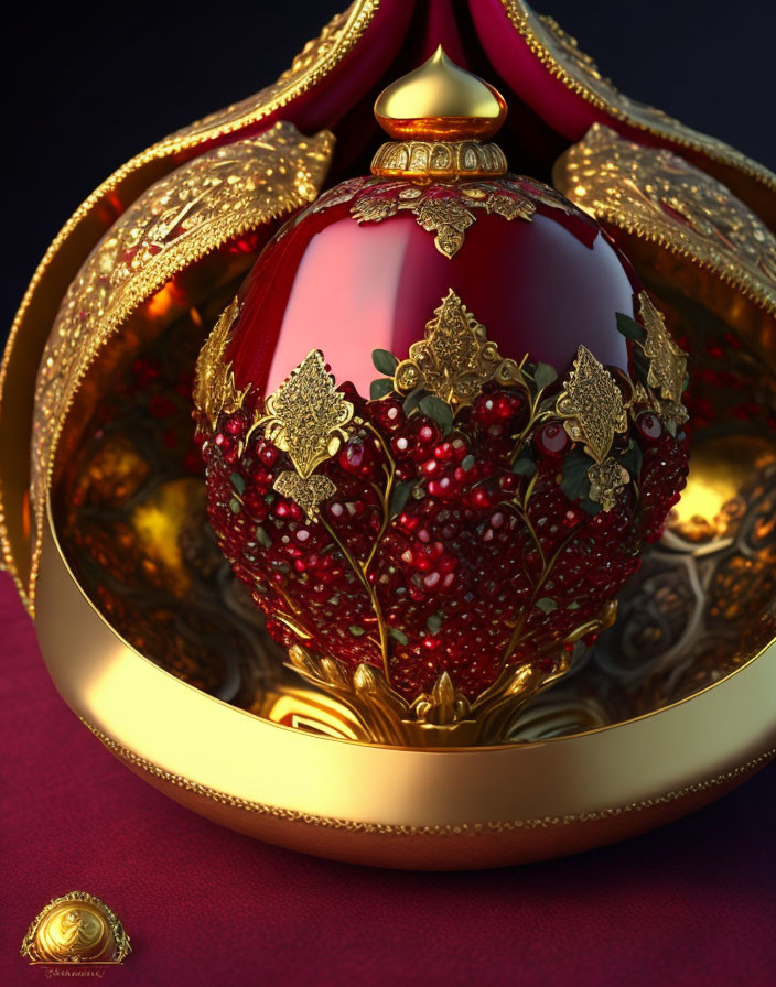 Golden Ornament with Intricate Designs and Red Jewel-like Embellishments on Dark Background
