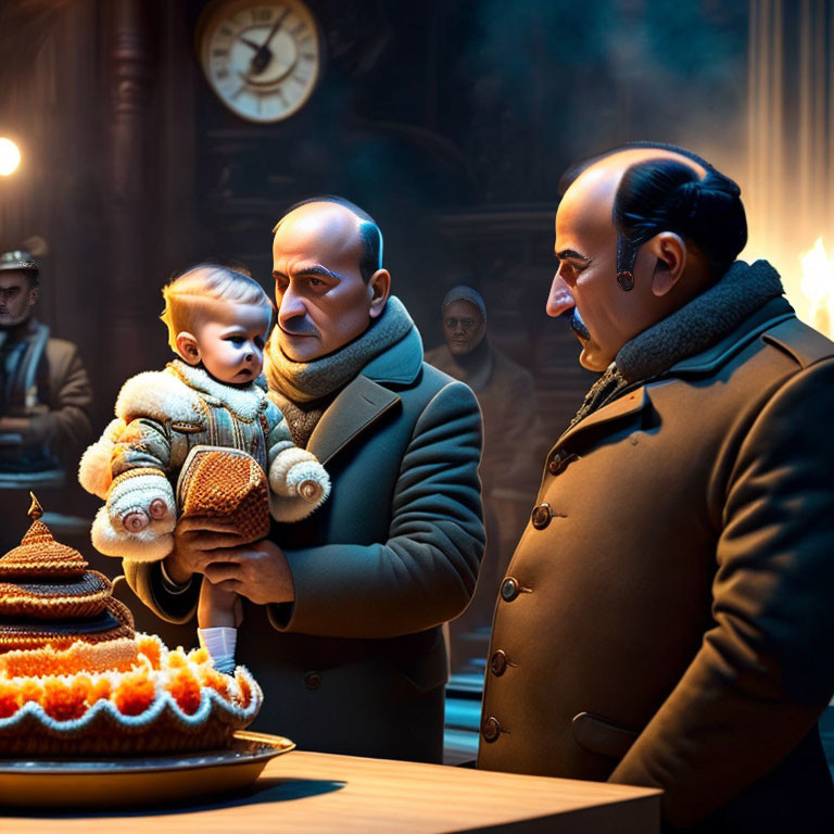Identical Men in Coats Holding Baby in Dim Clock Room with Cake