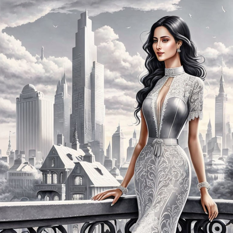 Illustration of woman with long hair in elegant dress on balcony with futuristic cityscape