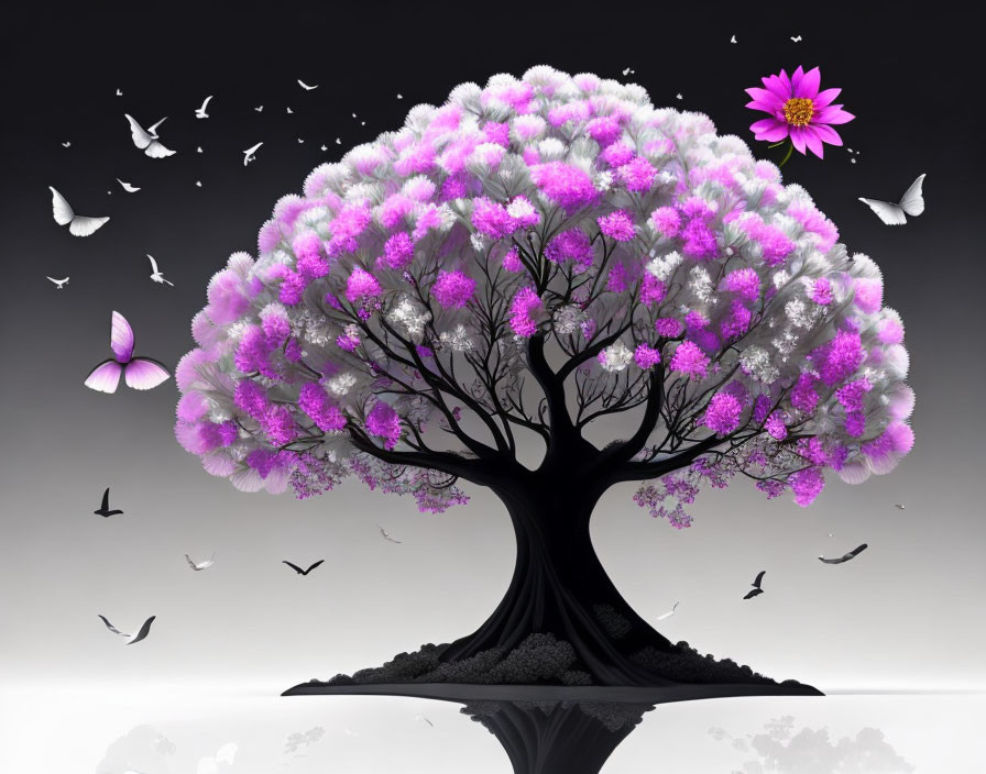 Surreal image: Purple tree, pink flower, birds, dark water