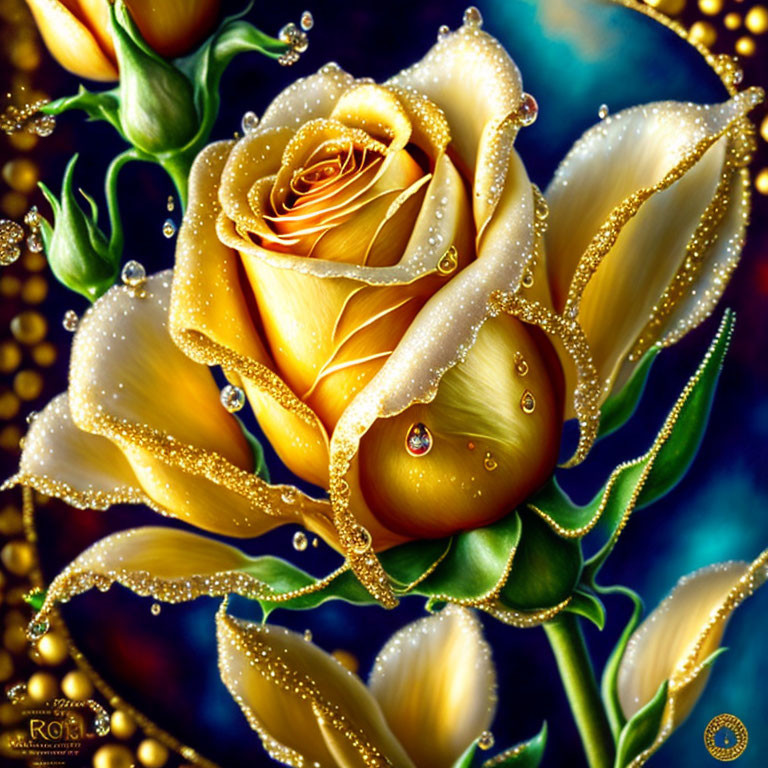 Golden-yellow rose with dew drops on petals against dark blue background.