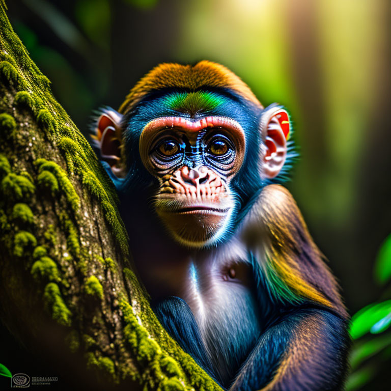 Vibrant young mandrill monkey with blue and red facial features in lush forest