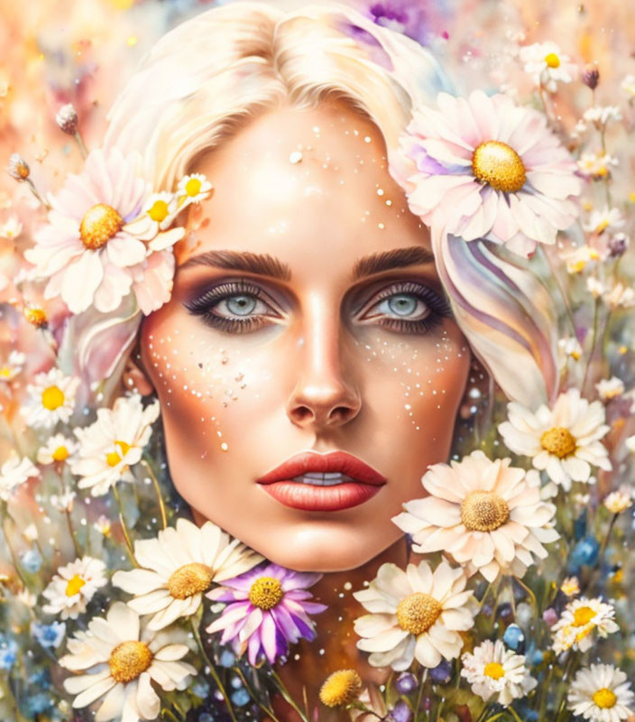 ≈❀◕<>◕❀≈  woman in daisies and splashes of paint