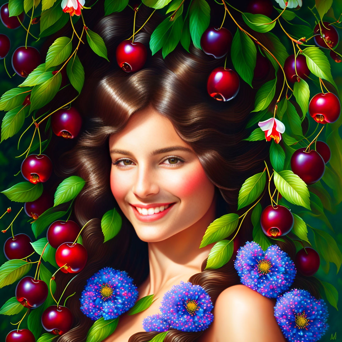 Smiling woman with dark hair surrounded by cherry branches and flowers