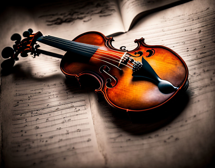 Violin on open sheet music book symbolizes classical music.