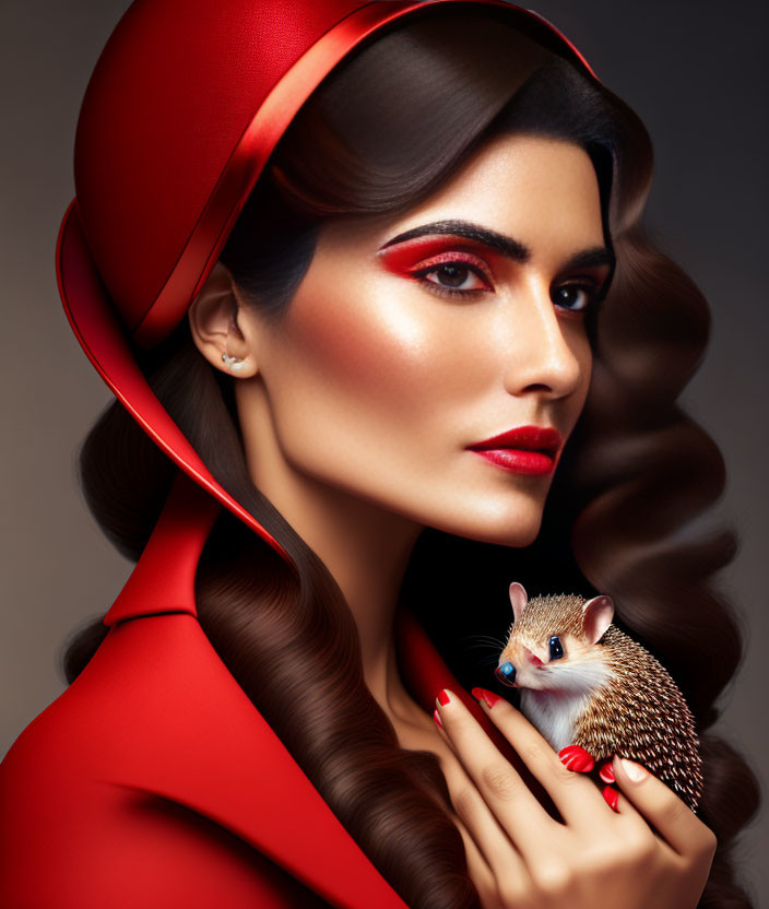 ≈❀◕<>◕❀≈  A beautiful woman in red with a hedgehog