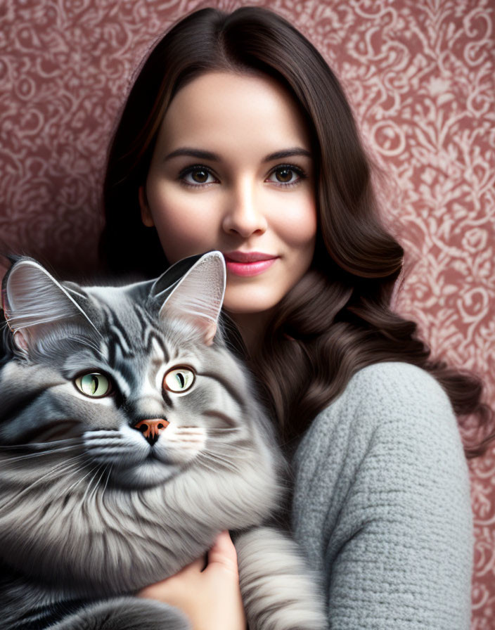 ≈❀◕<>◕❀≈  Woman with a big gray cat