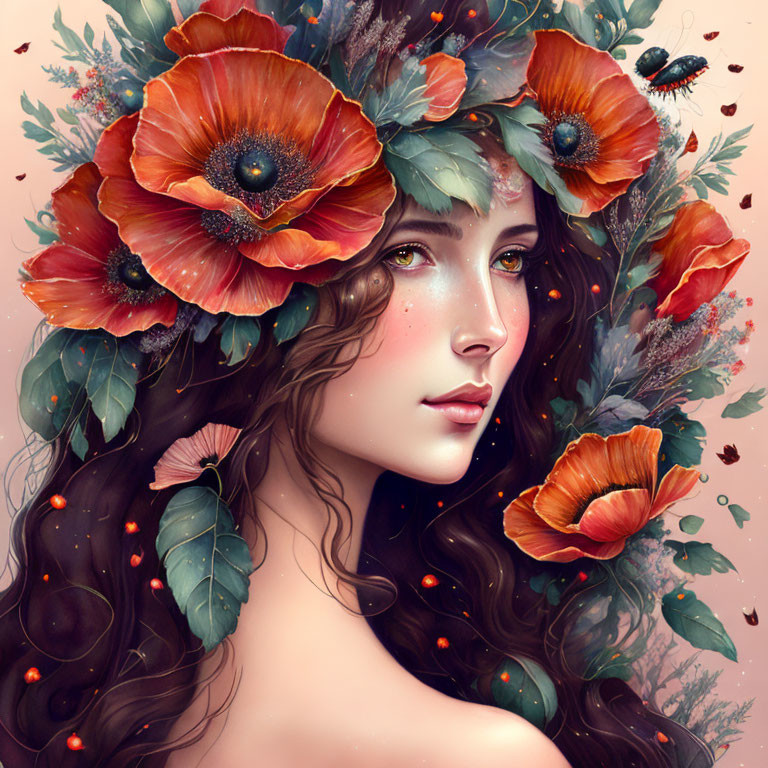 Digital Illustration: Woman with Long Wavy Hair and Red Poppies