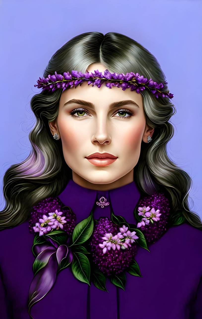 Digital portrait of woman with long wavy hair in purple blouse against blue backdrop