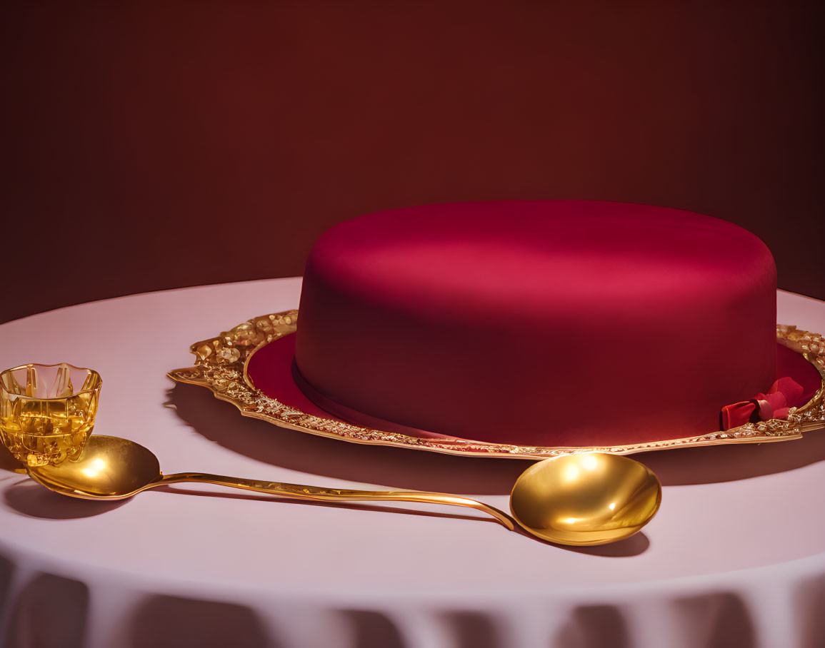 Maroon Hat-Shaped Cake on Gold Plate with Spoon and Glass