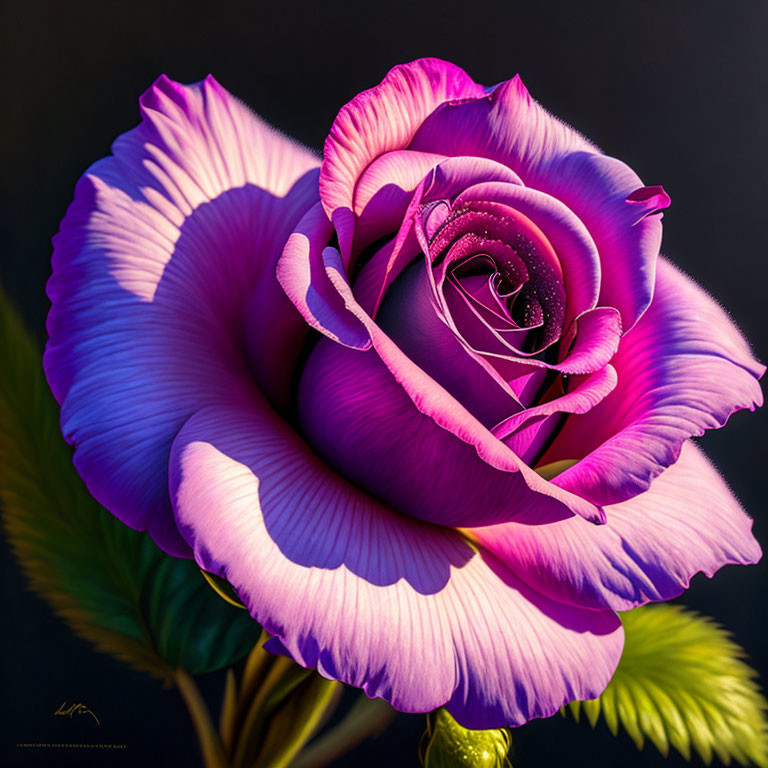 Vibrant purple rose with water droplets on dark background