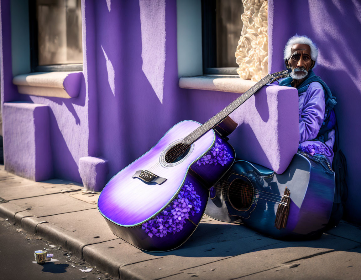 Elderly musician with white beard and blue guitar against purple wall