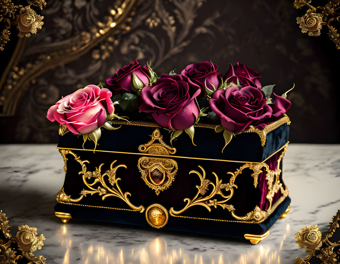 Black and Gold Jewelry Box with Red and Pink Roses on Reflective Surface