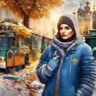 Woman in winter attire with vintage tram in autumnal scene