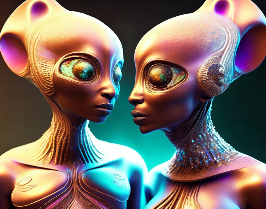 Alien humanoid figures with large eyes on colorful backdrop