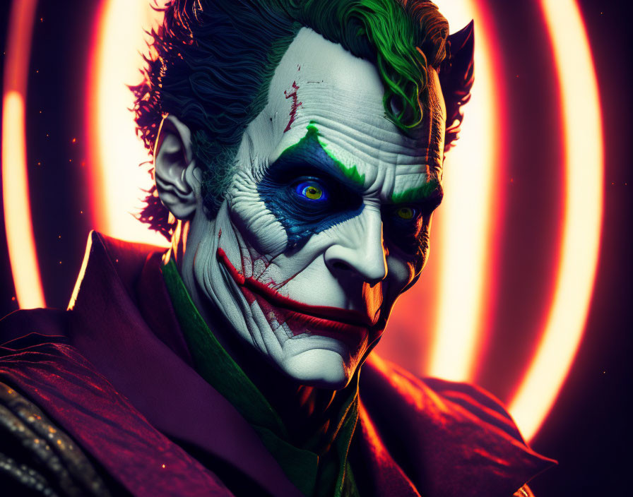 Stylized male figure with Joker makeup and sinister smile on red halo background