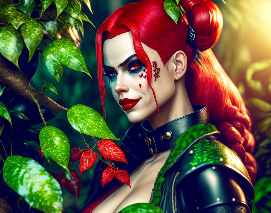 Red-haired woman in clown makeup among green leaves with black choker and green jacket