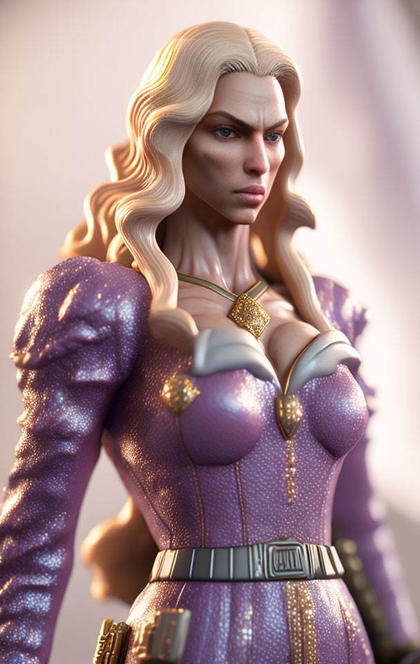 Digital illustration: Woman with platinum blonde hair in purple and gold fantasy armor