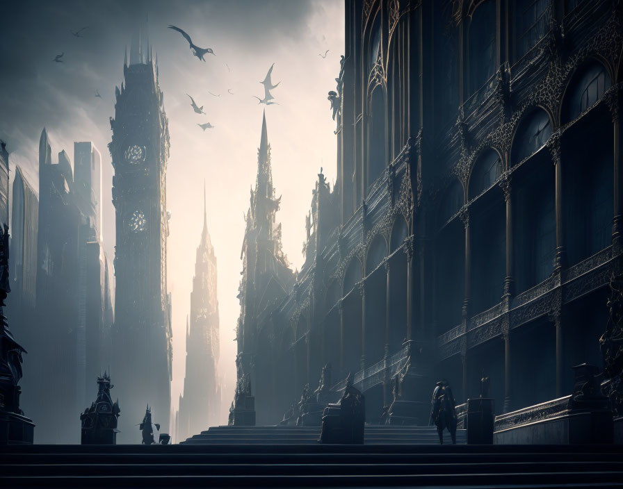 Dystopian Gothic cityscape with descending figure and flying creatures
