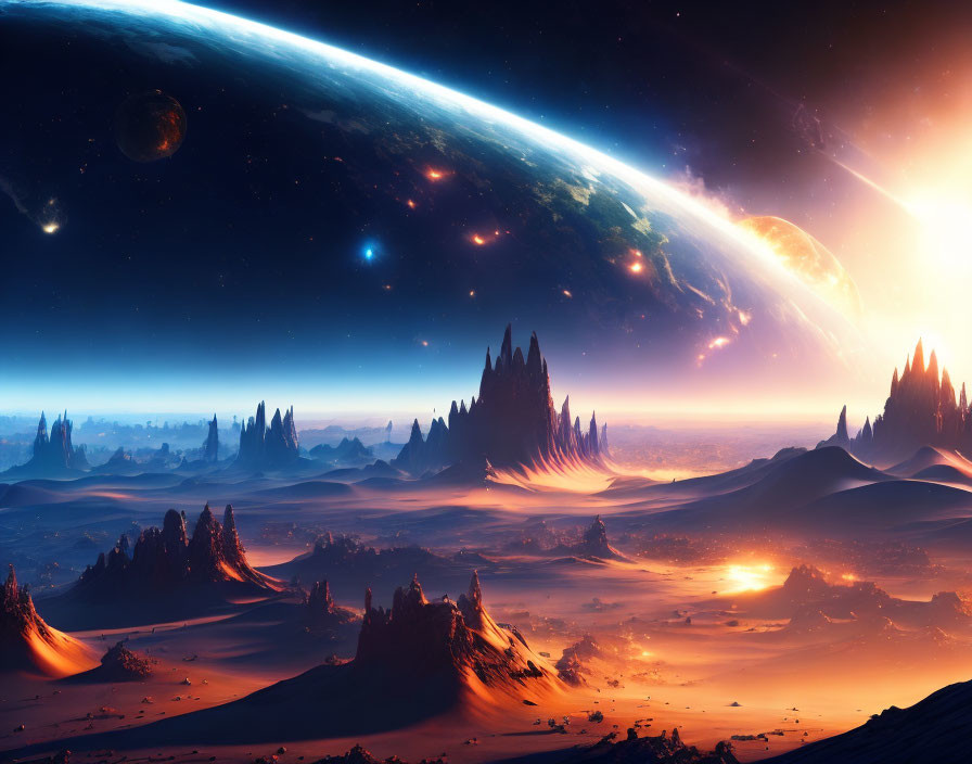 Majestic sci-fi desert scene with towering rock spires and giant planet.