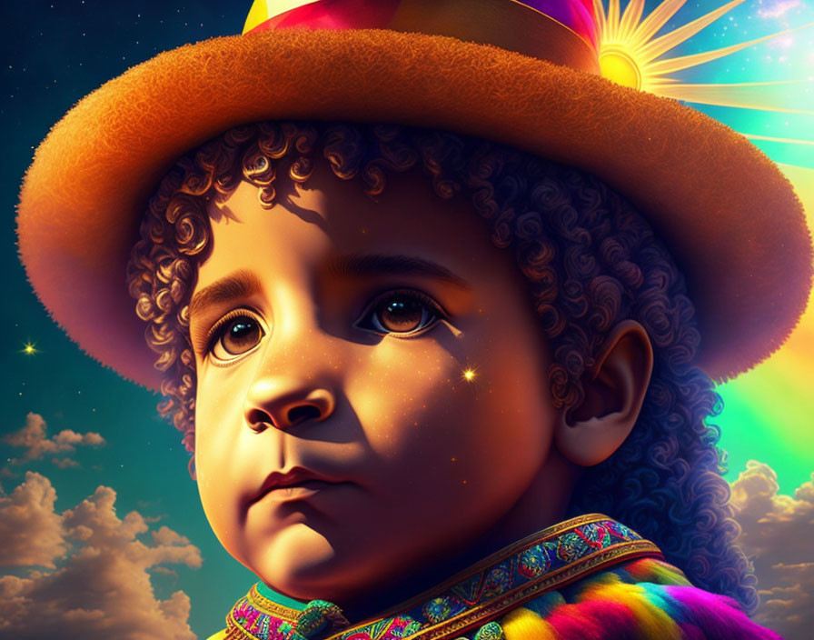 Colorful digital artwork: Child with curly hair in vibrant outfit under sunburst.