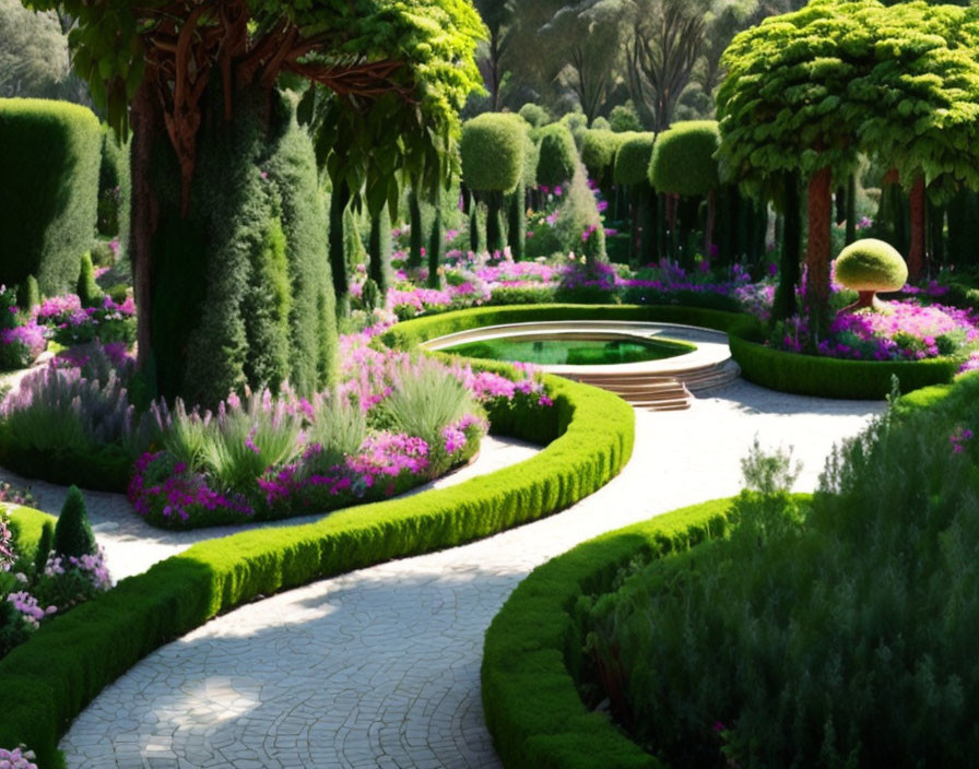 Manicured garden with pathways, vibrant flowers, sculpted trees & central pond