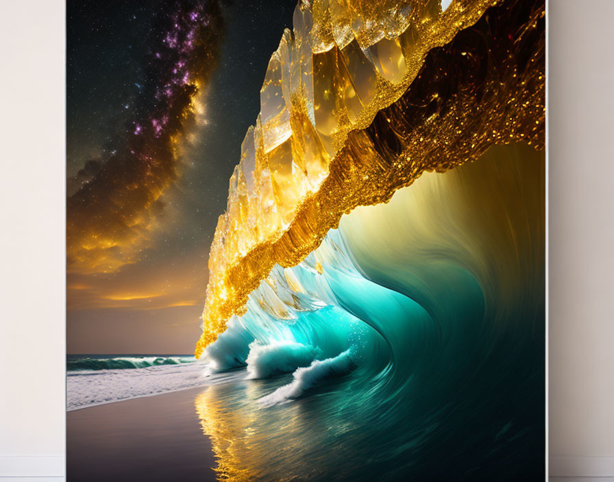Surreal landscape: icy cave, starry sky, tropical beach