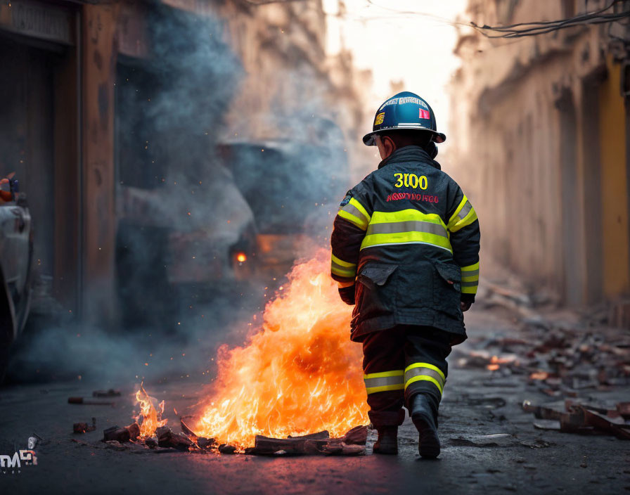 Firefighter in full gear tackles small urban blaze in dimly lit alley