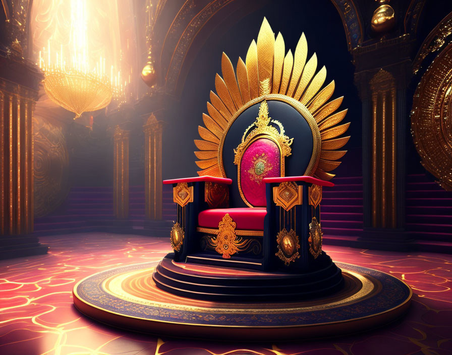 Majestic throne room with gold-accented chair & glowing floor patterns