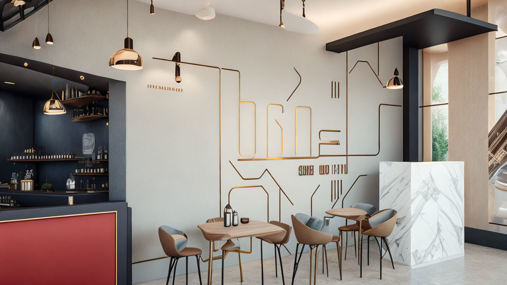 Sophisticated Cafe Interior with Geometric Wall Art and Elegant Furniture