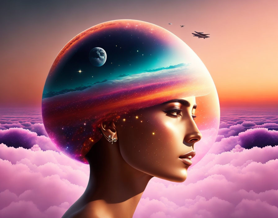 Woman's side profile with cosmic scene and planets in head on pink clouds background