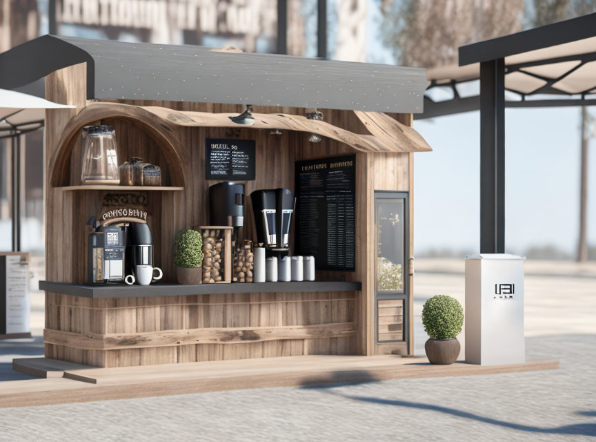 Outdoor Coffee Kiosk with Wooden Counter & Menu Boards