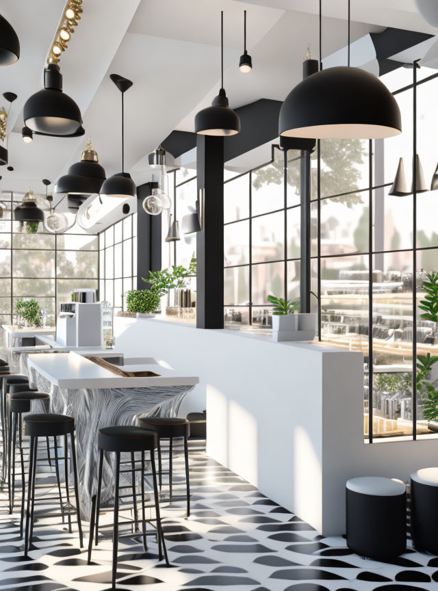 Contemporary Cafe Interior with Geometric Floor, Pendant Lights, Bar Stools & Windows