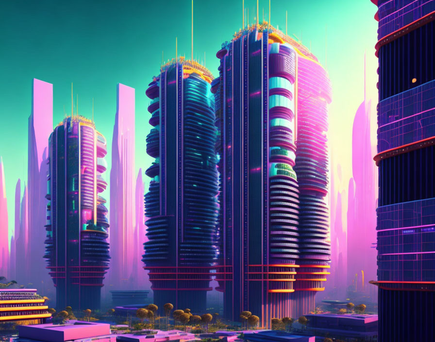 Futuristic cityscape with neon-lit skyscrapers and rooftop gardens