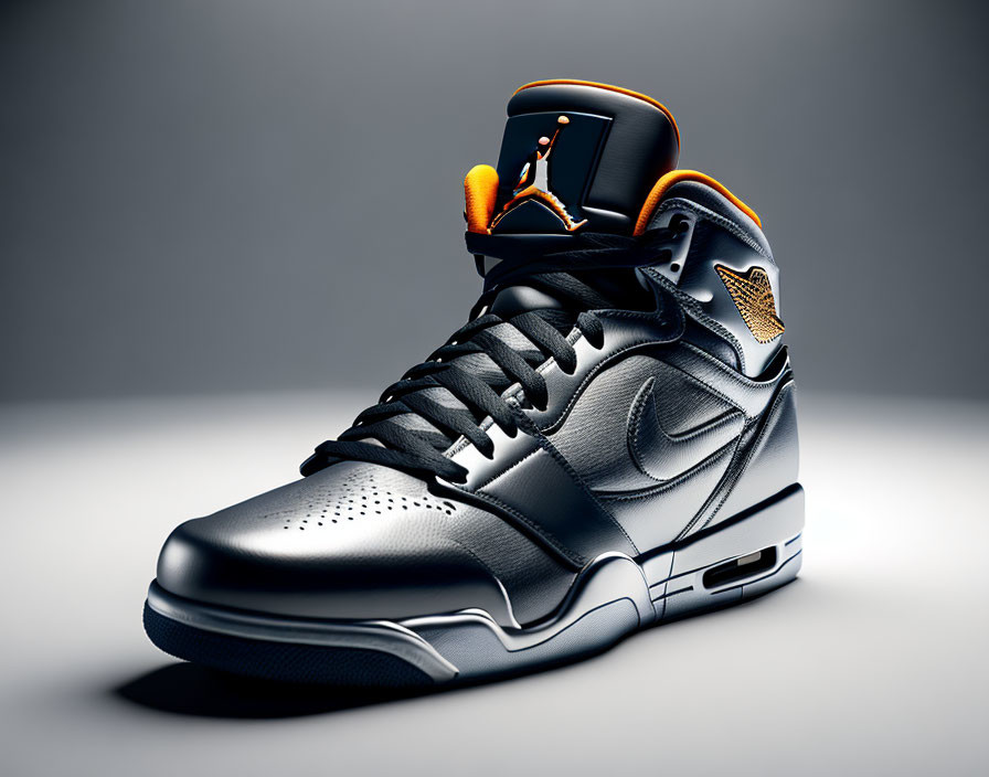 Black High-Top Sneaker with Orange Accents and Winged Logo on Grey Background