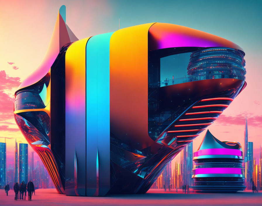 Futuristic building with vibrant colors and sleek curves in urban setting