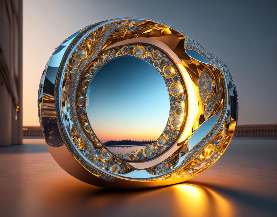 Golden gem-studded ring with sunrise and trees silhouette.