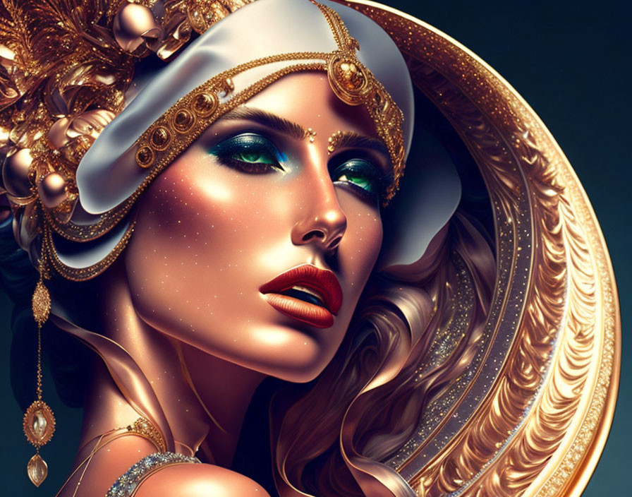 Stylized digital portrait of woman with golden headgear, bold makeup