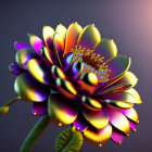 Colorful digital flower art with metallic petals in purple, gold, and teal on gradient background