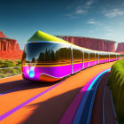 Futuristic vehicle on neon-striped desert road amid red rocks & green foliage