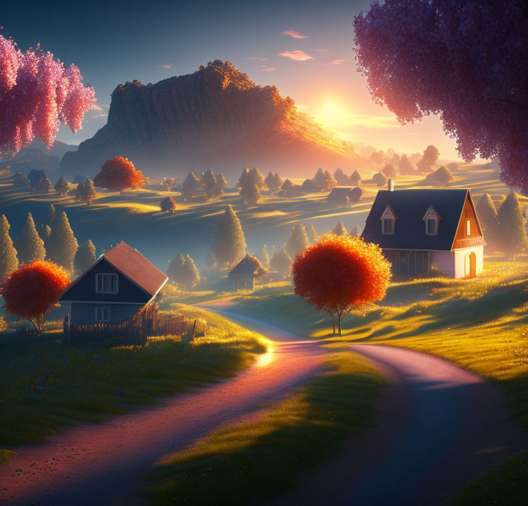 Tranquil sunset landscape with winding path to cozy house