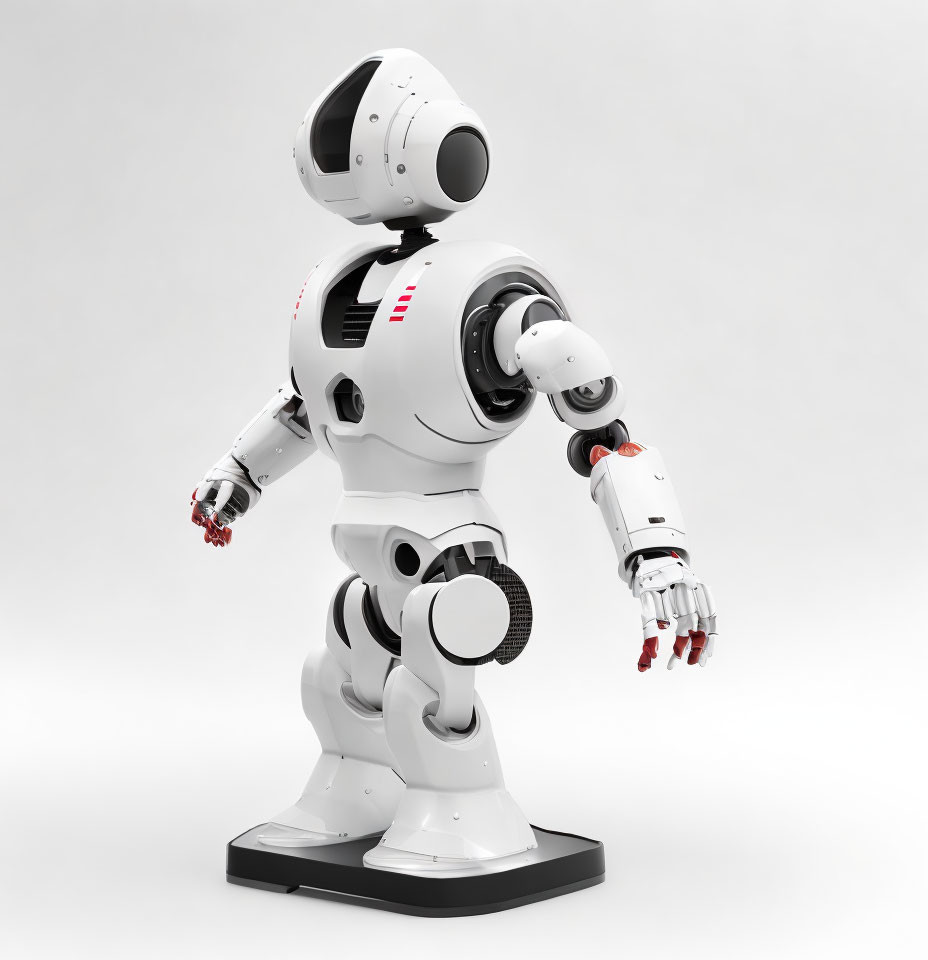 Articulated humanoid white robot with black and red accents