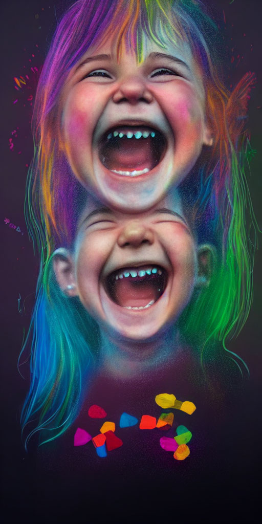 Vibrant mirrored faces with colorful paint smears and scattered candies