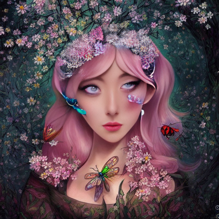 Detailed Digital Illustration: Woman with Pink Hair, Flowers, Butterflies, and Plants on Floral Background