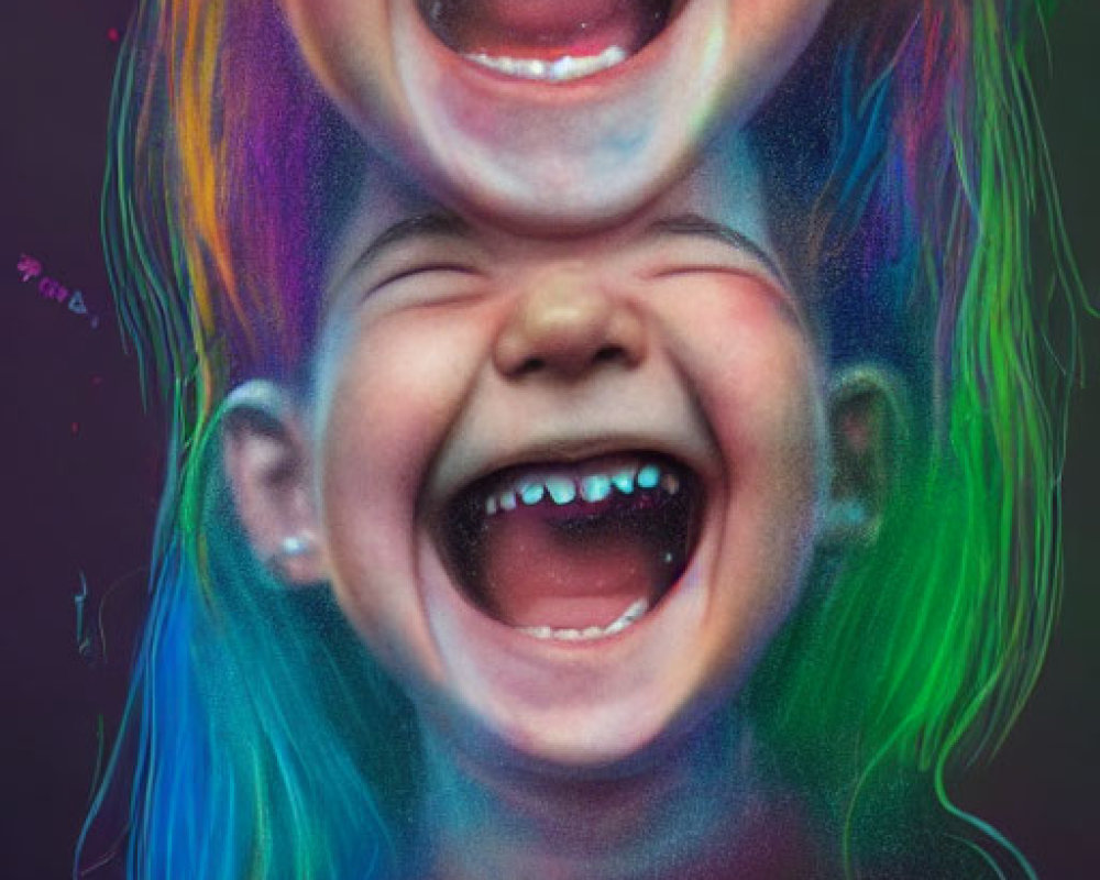 Vibrant mirrored faces with colorful paint smears and scattered candies