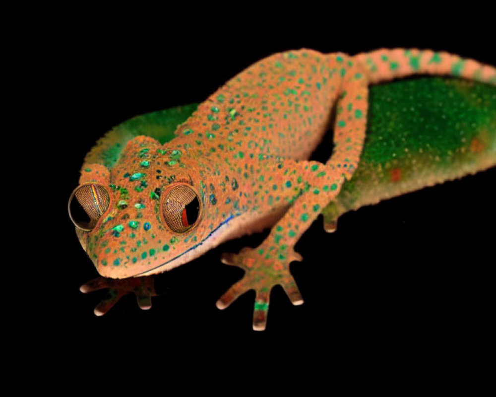 Vibrant orange gecko with green spots on black background