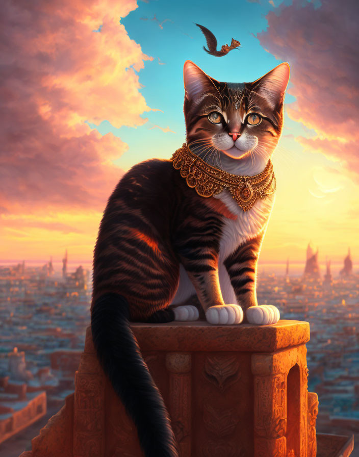 Majestic cat with golden collar on high pedestal at sunset